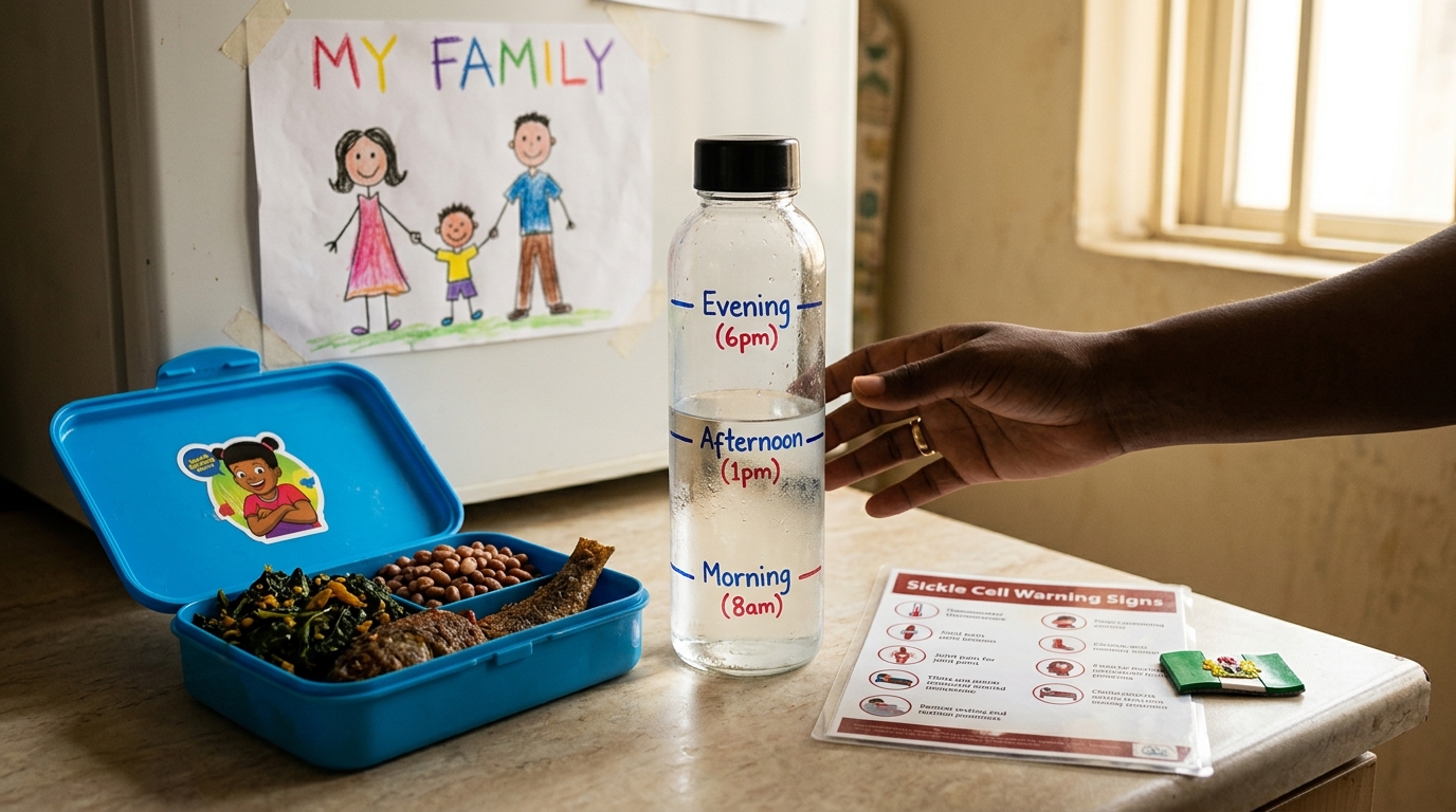 Kitchen counter with measured water bottle, child lunchbox, and warning signs card